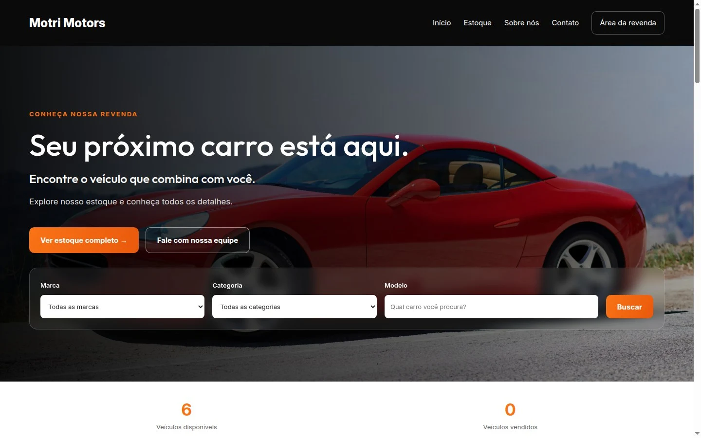 Página inicial de uma revenda de demonstração criada na Motri